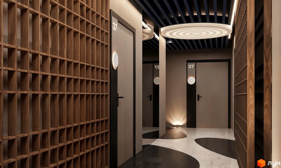 Коридор у житловому комплексі CONTINENT RIVER PARK з дерев'яними панелями та дверима з номерами. Дизайн інтер'єру новобудови.