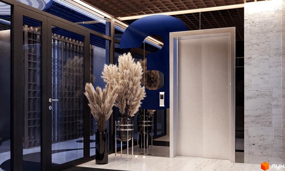 Лобі житлового комплексу CONTINENT RIVER PARK з дверима та ліфтом. Сучасний дизайн інтер'єру з декоративними рослинами.