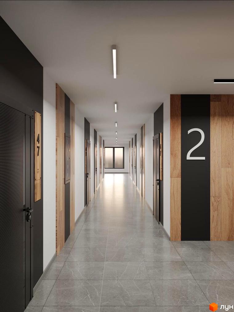 Сучасний коридор житлового комплексу Кришталь з дверима та номерами квартир. Оздоблення стін деревом та плиткою створює затишну атмосферу.