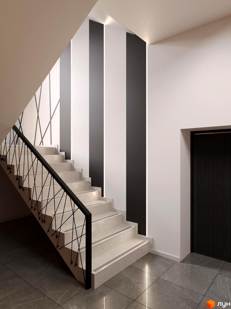 Сучасний під'їзд житлового комплексу Кришталь з мармуровими сходами та стильним дизайном стін.