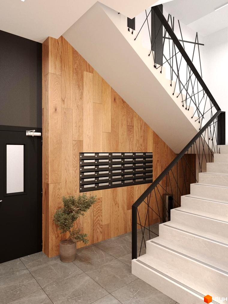 Житловий комплекс Кришталь: вхідна група з дерев'яною обшивкою стін, поштовими скриньками та сходами з чорними поручнями. Сучасний дизайн інтер'єру.