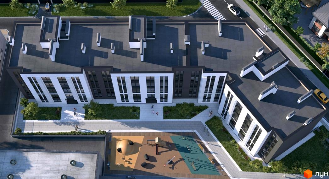 Житловий комплекс Біла Сакура з фасадами білого та темного кольору, розташований біля дитячого майданчика та дороги з автомобілем.