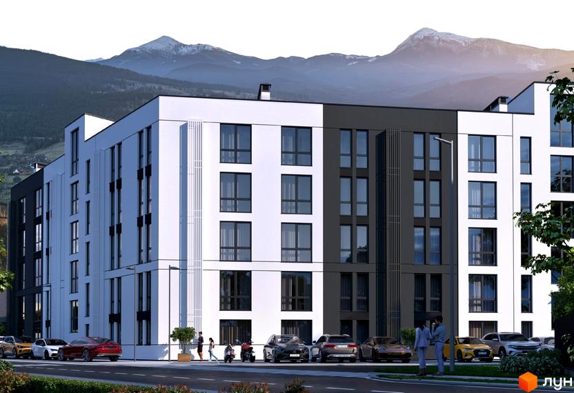 Зовнішній вигляд новобудови ЖК Біла Сакура з панорамними вікнами та паркінгом. Навколо будинку зелена територія та гори.