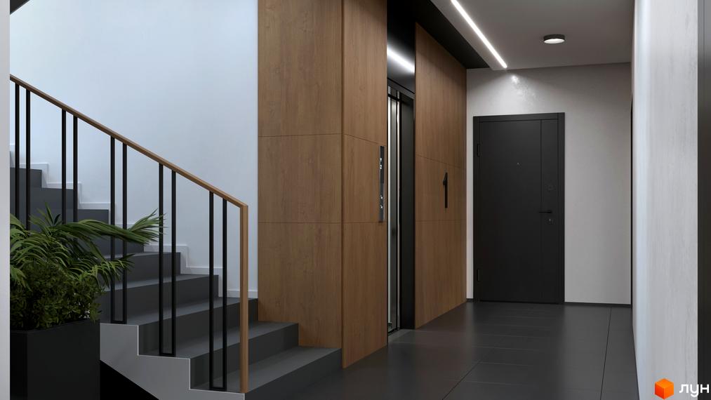 Інтер'єр холу житлового комплексу Біла Сакура зі сходами, ліфтом та дверима. Сучасний дизайн та оздоблення створюють затишну атмосферу.