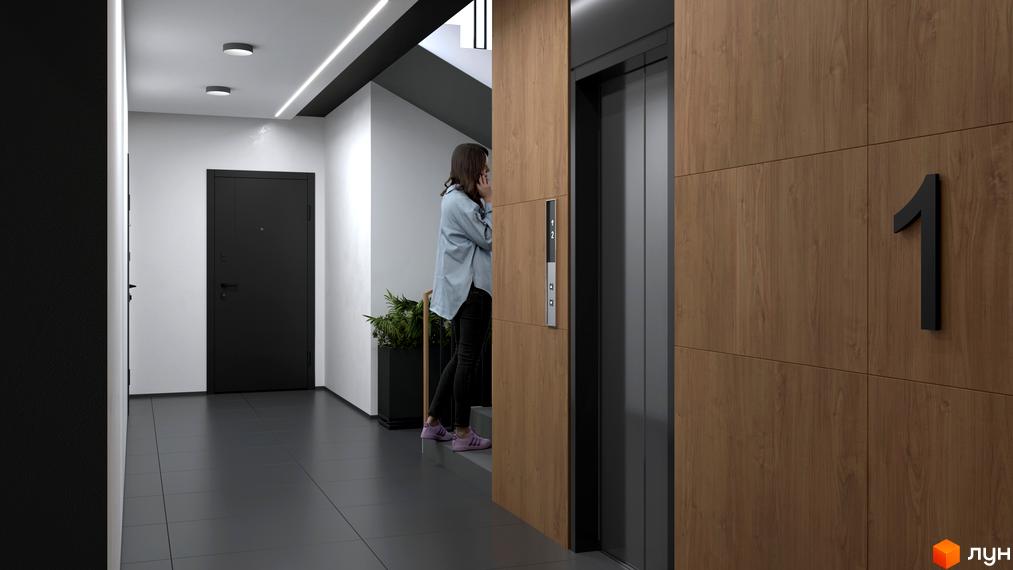 Сучасний дизайн холу новобудови ЖК Біла Сакура з дверима та ліфтом. Елегантний інтер'єр створює комфортну атмосферу для мешканців.