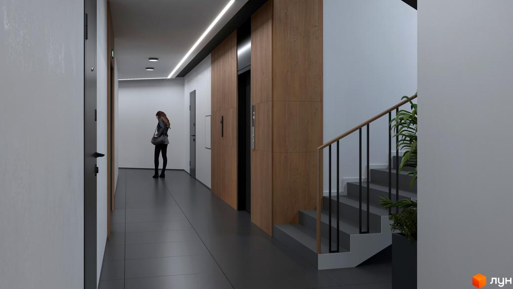 Сучасний коридор з дверима, ліфтом та сходами в ЖК Біла Сакура. Дизайн інтер'єру новобудови з елементами дерева та сірих тонів.