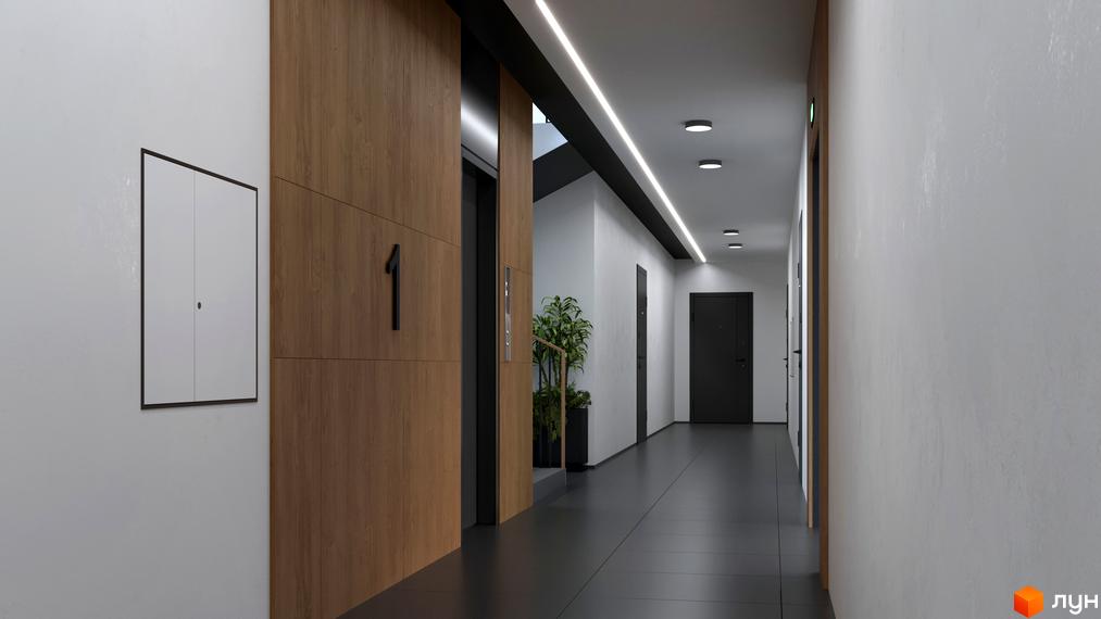 Коридор першого поверху у новобудові ЖК Біла Сакура з дверима та ліфтом. Сучасний дизайн інтер'єру з дерев'яними панелями та освітленням.