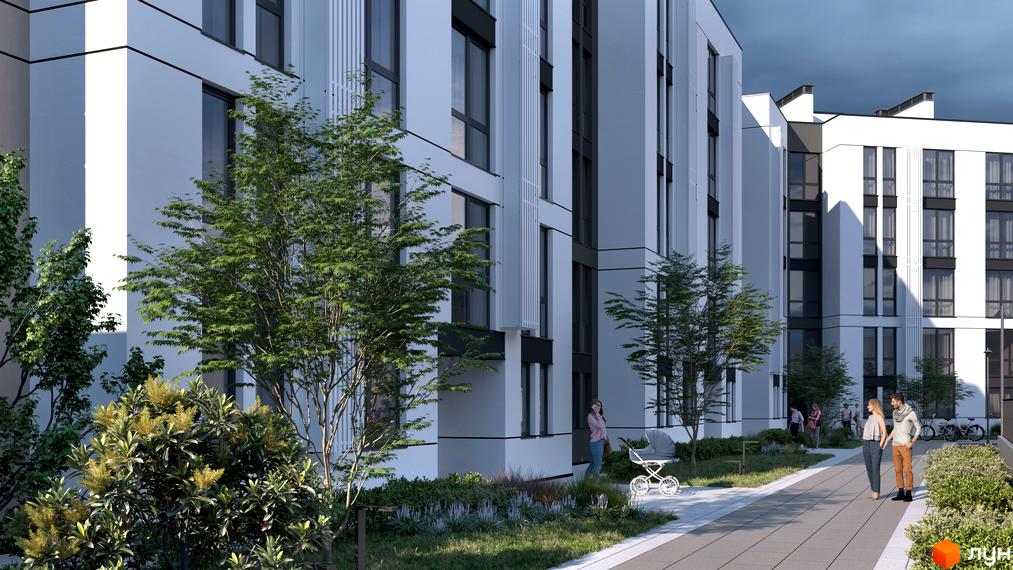 Зовнішній вигляд новобудови Біла Сакура з елементами білого та сірого кольорів, з великими вікнами та прибудинковою територією з деревами та зонами відпочинку.