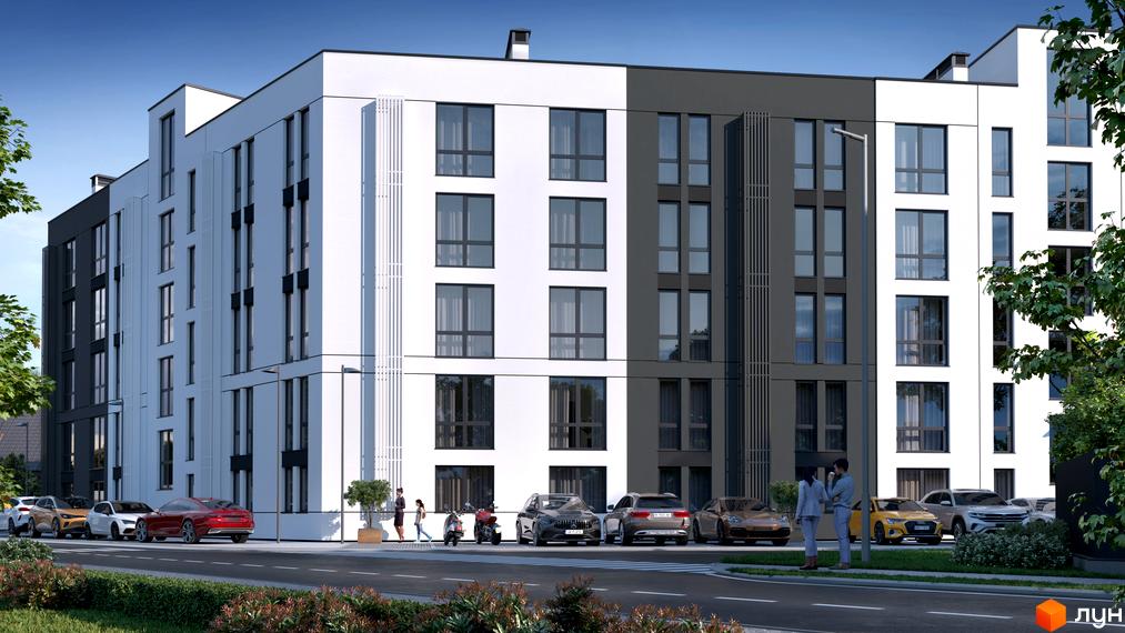 Житловий комплекс Біла Сакура - це сучасна новобудова з біло-сірим фасадом та великими вікнами. Територія навколо будинку облаштована парковкою та зеленими насадженнями.