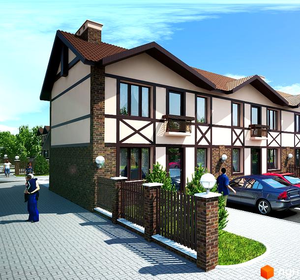 Зовнішній вигляд двоповерхових будинків з фасадом в стилі фахверк та цегляною обробкою першого поверху. Прибудинкова територія з парканом, зеленими насадженнями та автомобілями.