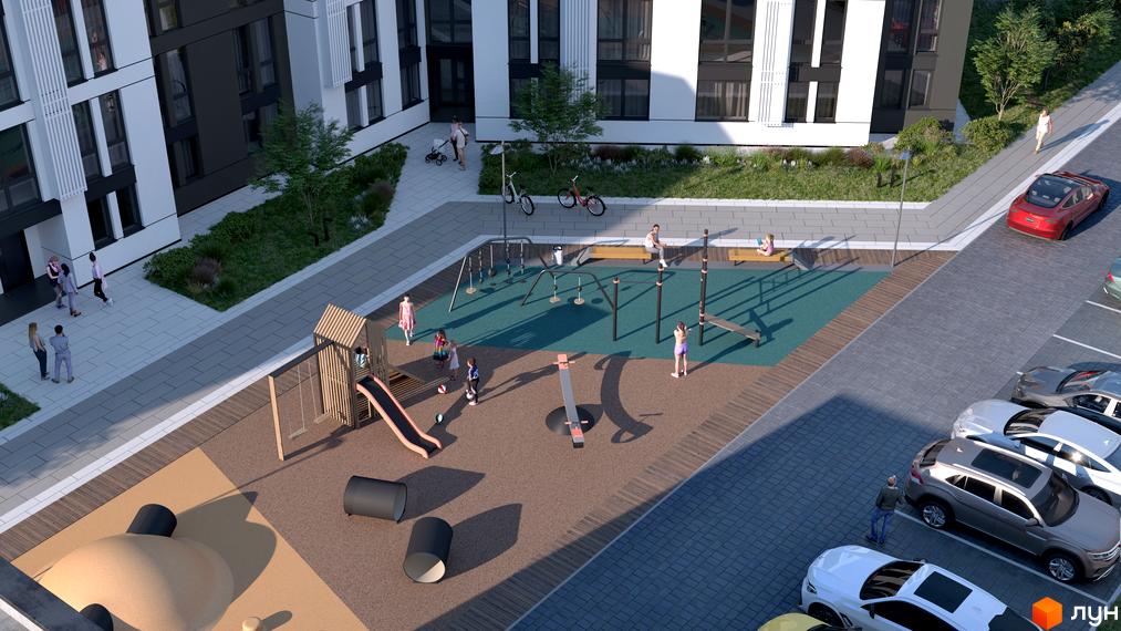 Житловий комплекс Біла Сакура: сучасна архітектура та дитячий майданчик з гойдалками і гіркою. Територія комплексу облаштована зонами для відпочинку та спорту.