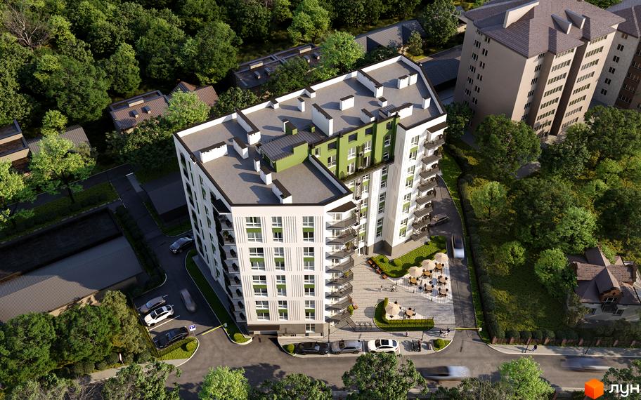 Житловий комплекс GREEN PARK з біло-зеленим фасадом та балконами, оточений деревами та з зоною відпочинку з парасольками.