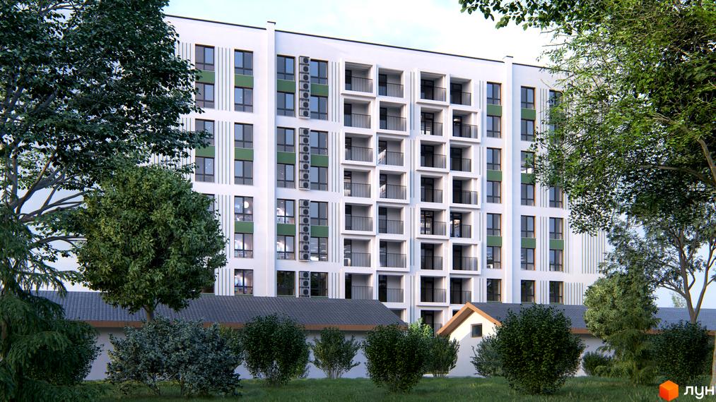 Житловий комплекс GREEN PARK з білою фасадною частиною, зеленими вставками та балконами. Навколо комплексу зелені дерева та кущі, а також невеликі будівлі з сірими дахами.