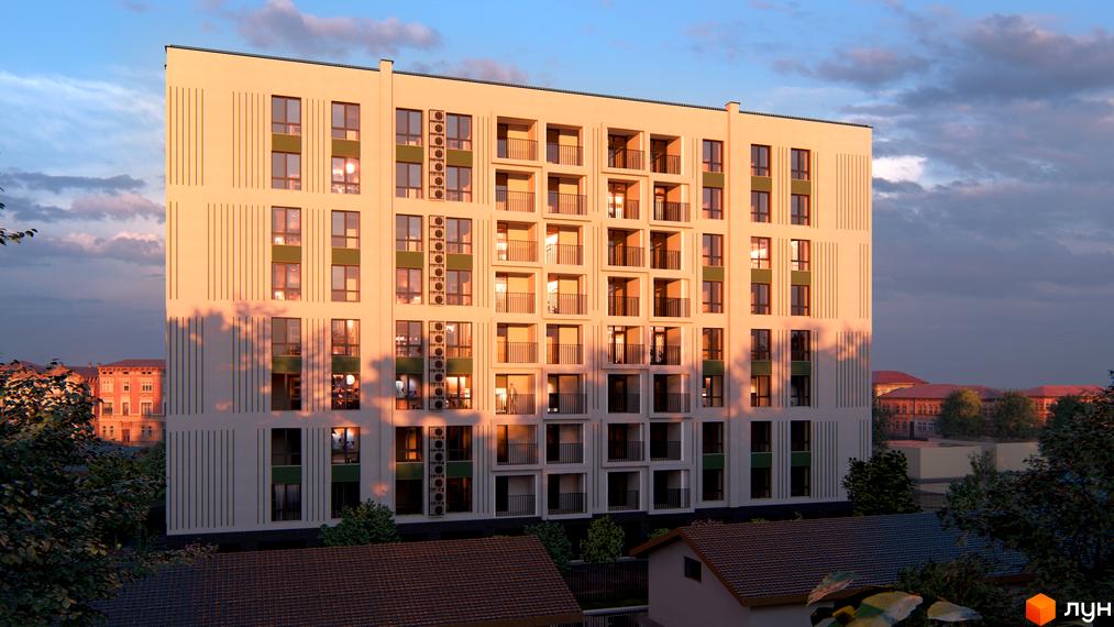 Зовнішній вигляд житлового комплексу GREEN PARK з численними вікнами та балконами, освітлений сонцем. Навколо видно дерева та сусідні будівлі.