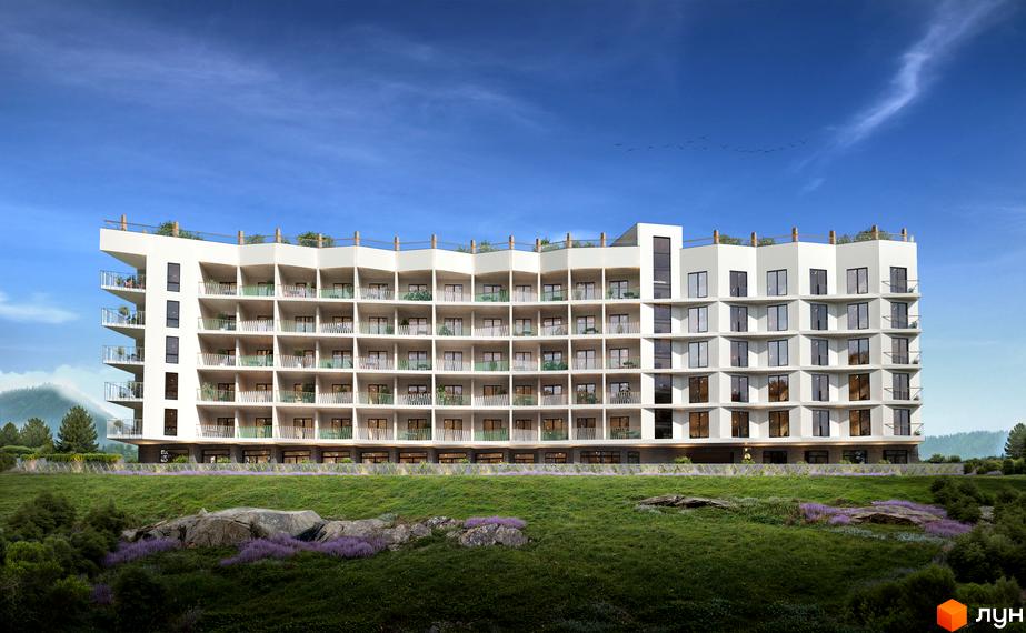 Зовнішній вигляд житлового комплексу WOL. Home. Karpaty з багаторівневими балконами та панорамними вікнами на тлі гірського пейзажу. Прибудинкова територія з зеленою галявиною та квітами.