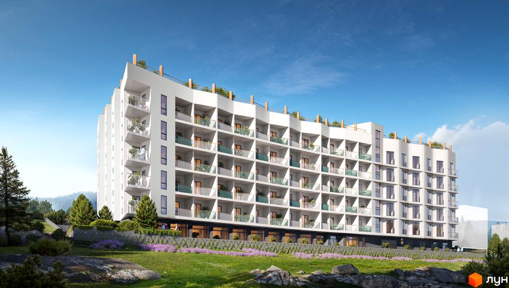 Зовнішній вигляд новобудови WOL. Home. Karpaty з численними балконами та панорамними вікнами, що розташована серед зеленої прибудинкової території з деревами та квітами.