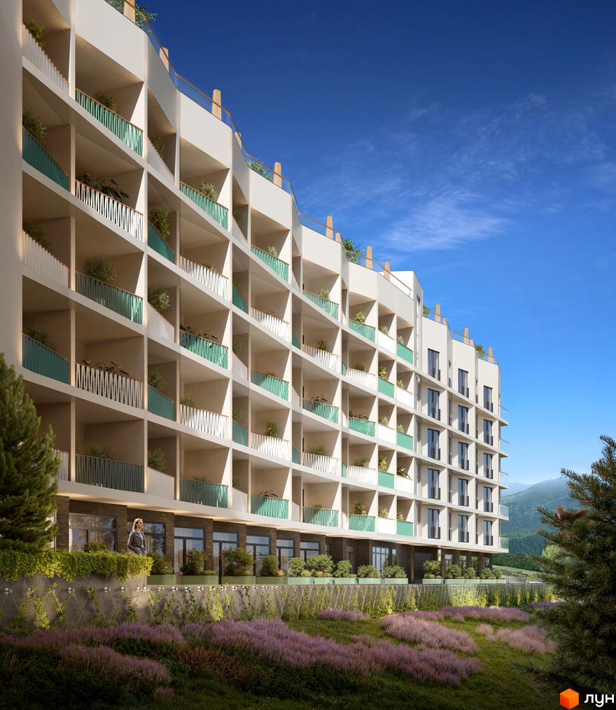 Зовнішній вигляд житлового комплексу WOL. Home. Karpaty з численними балконами та зеленими насадженнями. Прибудинкова територія з квітучими рослинами та деревами.