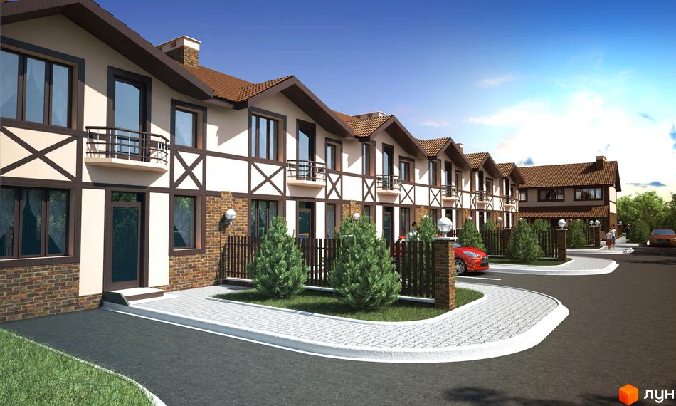 Зовнішній вигляд таунхаусів у стилі фахверк з коричневими дахами та білими фасадами. Прибудинкова територія з доглянутими газонами, деревами та бруківкою.