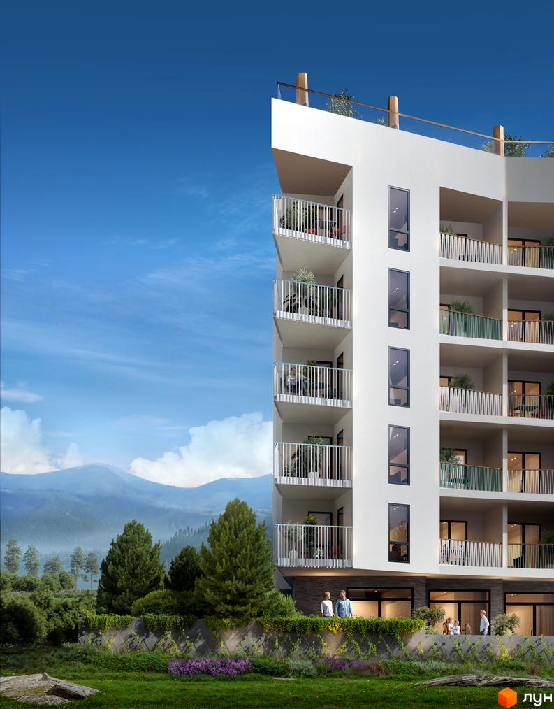WOL. Home. Karpaty - житловий комплекс з балконами та панорамними вікнами на тлі гір. Навколо будинку зелена зона з деревами та квітами.