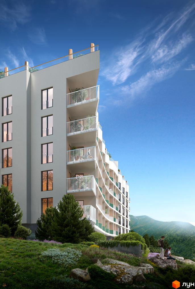 WOL. Home. Karpaty - новобудова з вигнутим фасадом та балконами, розташована на схилі гори серед зелені та гір.