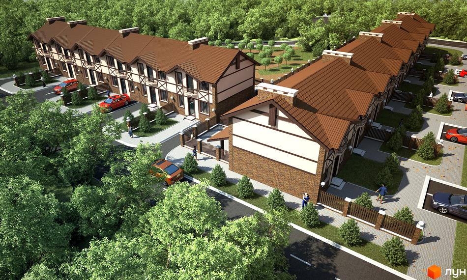 Зовнішній вигляд таунхаусів з коричневими дахами та цегляними фасадами. Прибудинкова територія з доглянутими газонами, деревами та парковкою.