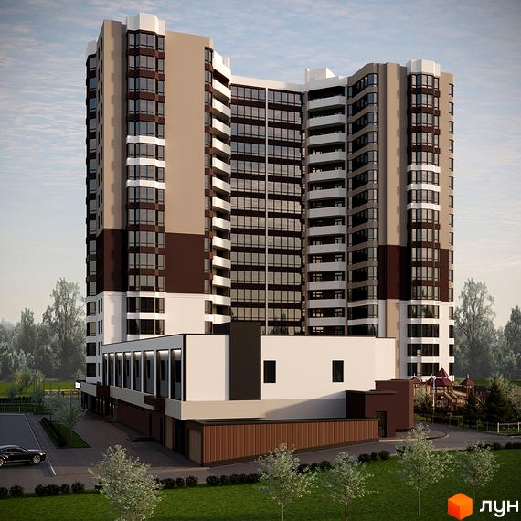 Сучасний житловий комплекс на вулиці Сержанта Жужоми, 1, з багатоповерховими будинками та прибудинковою територією з деревами та дитячим майданчиком.