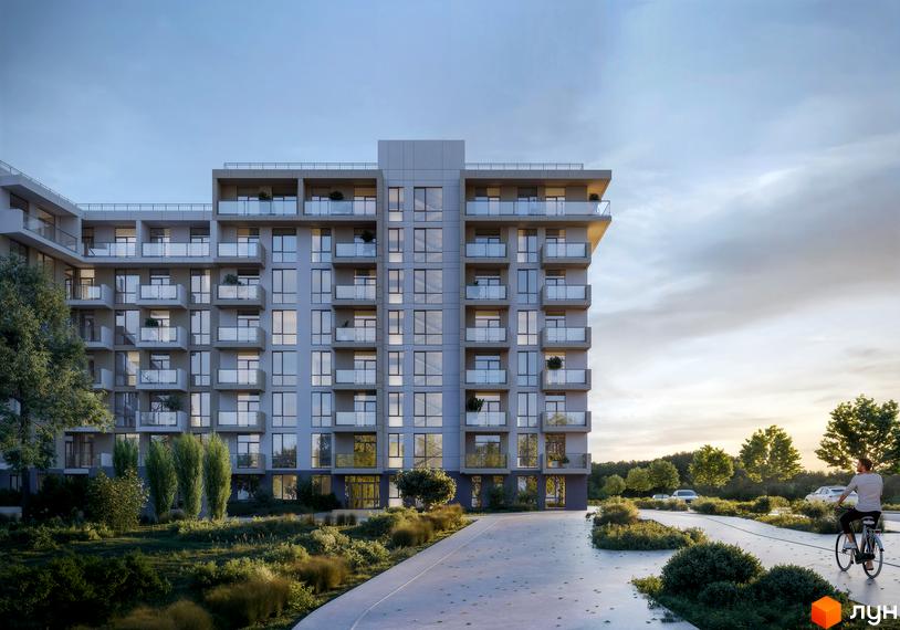 Зовнішній вигляд житлового комплексу AUROOM LOUNGE з численними балконами та скляними фасадами. На прибудинковій території розташовані зелені насадження та доріжка для велосипедів.