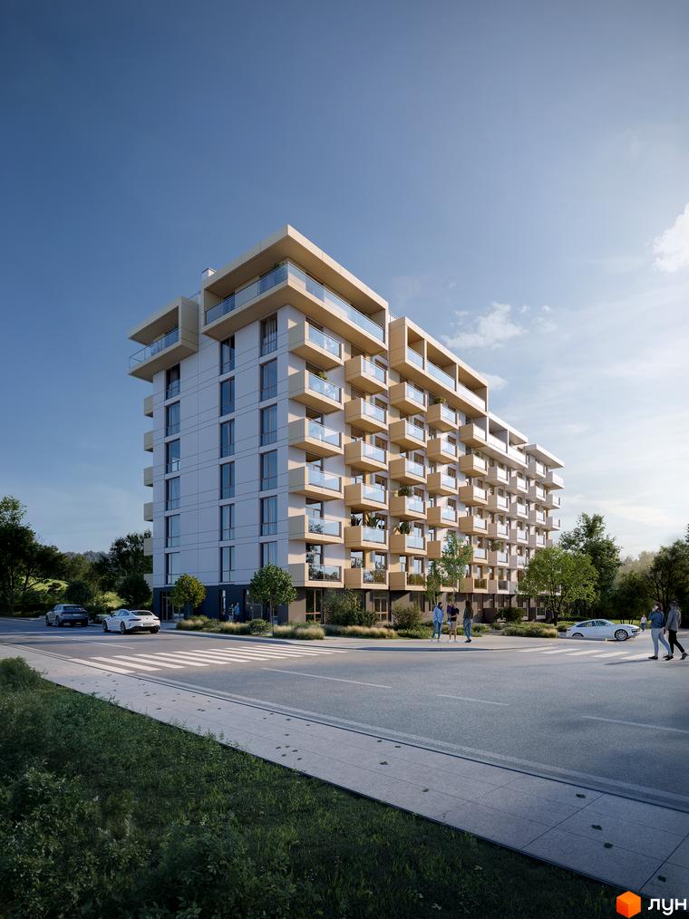 Житловий комплекс AUROOM LOUNGE з численними балконами та панорамними вікнами, розташований біля дороги з пішохідним переходом та зеленими насадженнями.