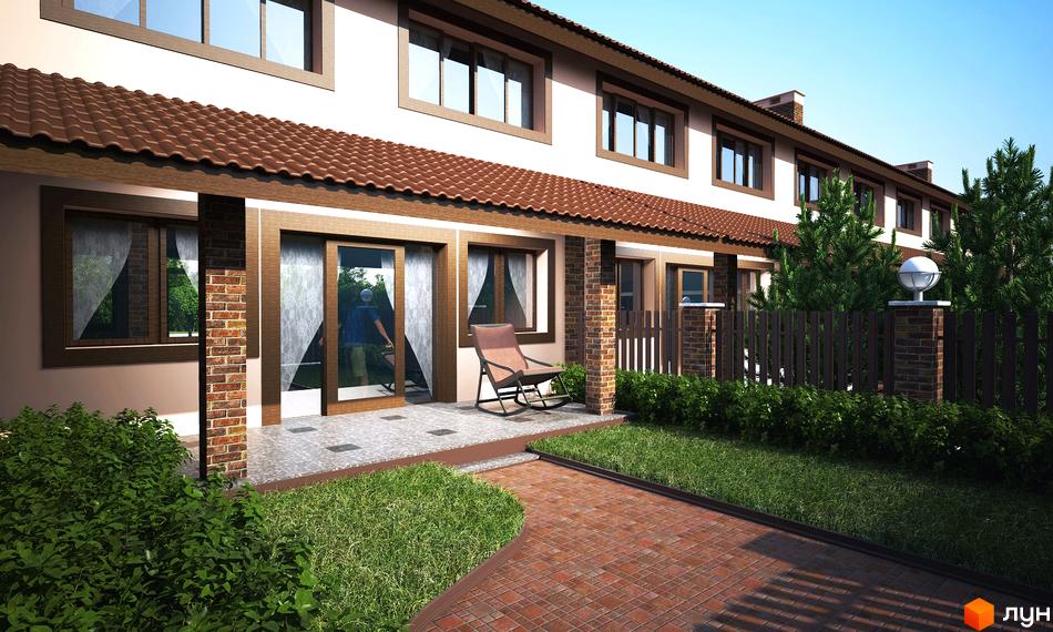 Зовнішній вигляд двоповерхового будинку з коричневим черепичним дахом та цегляними колонами. На прибудинковій території зелений газон, доріжка з червоної плитки та паркан.