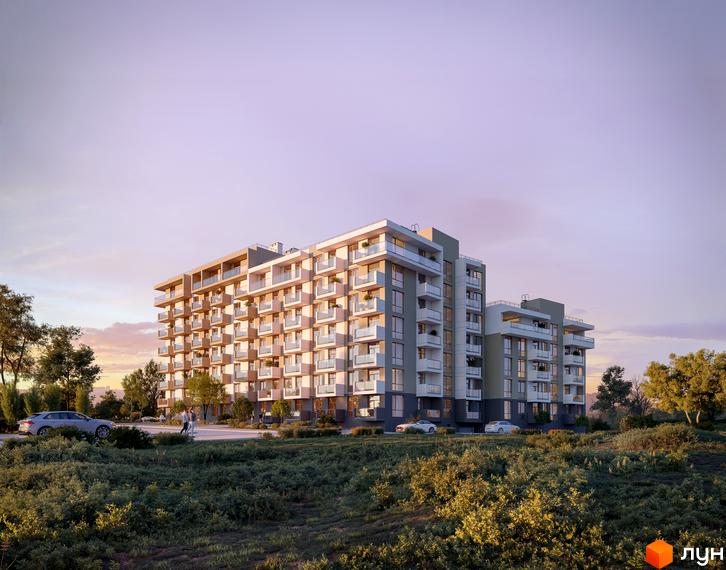 Сучасний житловий комплекс AUROOM LOUNGE з балконами та панорамними вікнами, оточений зеленою територією з деревами та автомобілями.