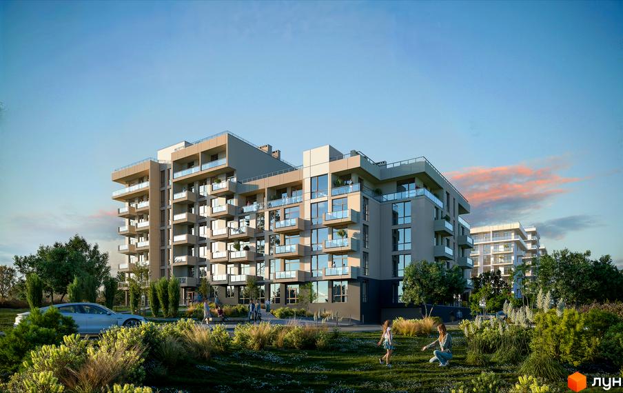 Житловий комплекс AUROOM LOUNGE з балконами та панорамними вікнами. На прибудинковій території зелені насадження та місце для відпочинку.