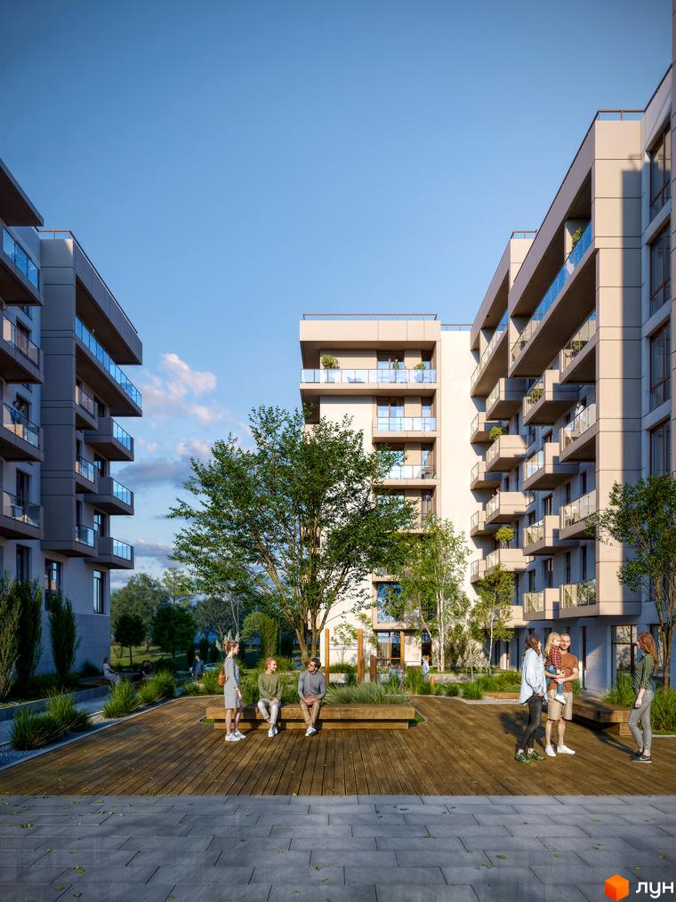 Житловий комплекс AUROOM LOUNGE з просторим внутрішнім двором та зонами відпочинку. Сучасна архітектура будівель з балконами та зеленою прибудинковою територією.