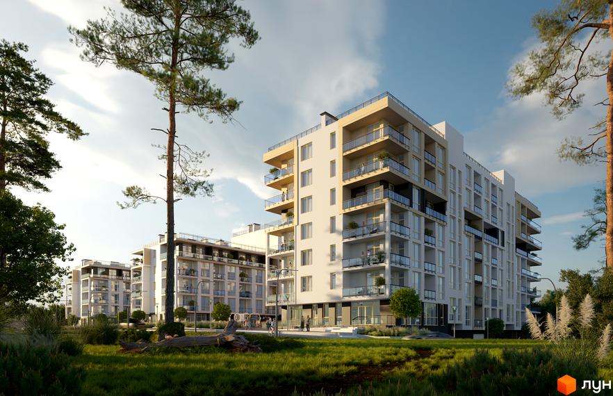 Житловий комплекс AUROOM LOUNGE з білими фасадами та скляними балконами, розташований серед зеленої зони з деревами та травою.