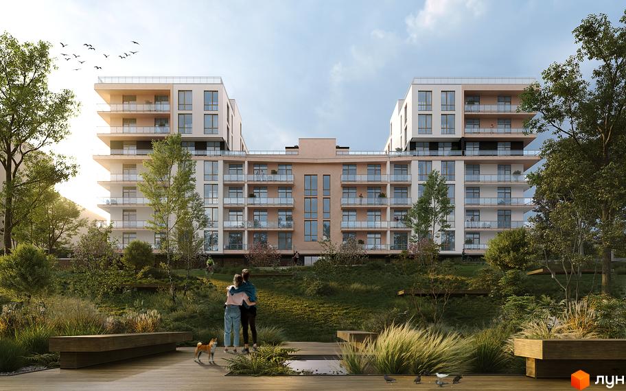 Житловий комплекс AUROOM LOUNGE з фасадами світлої цегли та скляними балконами, оточений зеленим ландшафтом з деревами та зонами відпочинку.