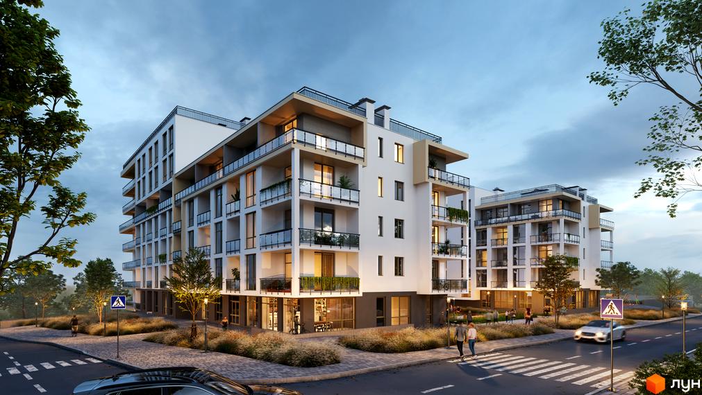 Житловий комплекс AUROOM LOUNGE: фасади будівель з балконами, прибудинкова територія з деревами та пішохідним переходом.
