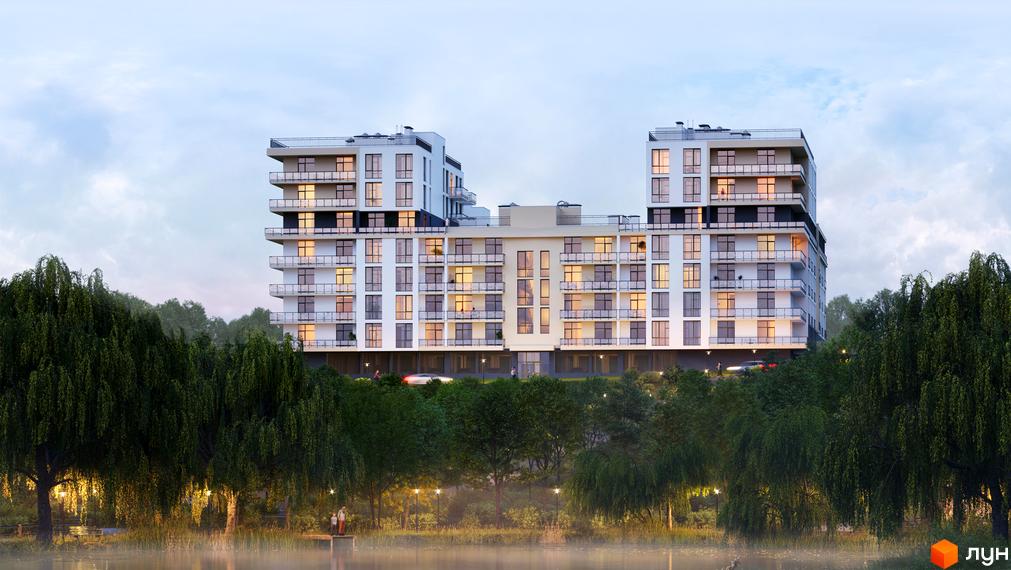 Житловий комплекс AUROOM LOUNGE - це багатоповерхова будівля з балконами, розташована біля озера та зеленої зони з деревами.