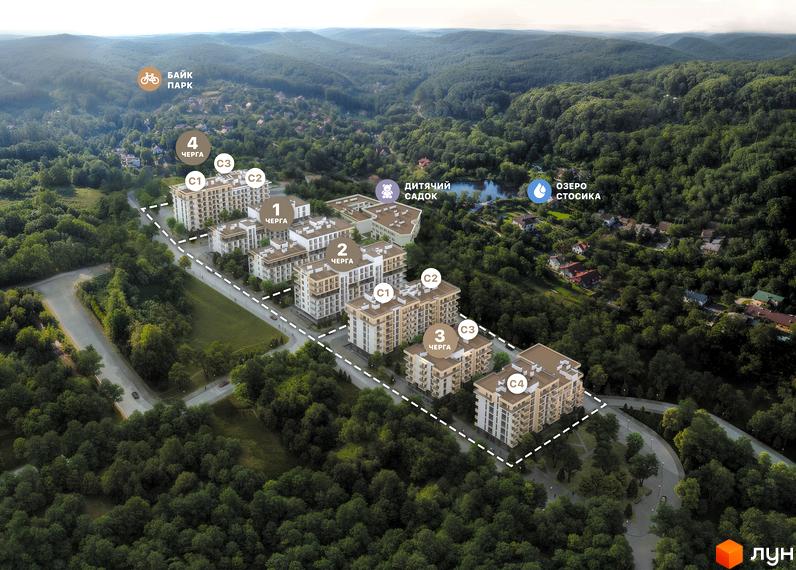 Житловий комплекс AUROOM LOUNGE у оточенні лісу з озером та дитячим садком. Сучасні будівлі з балконами та парковою зоною.