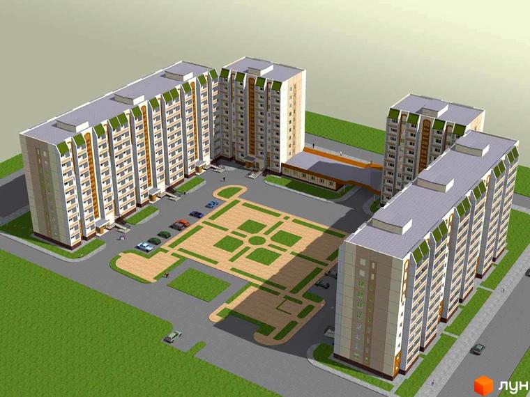 Житловий комплекс на вулиці Жовтнева, 34б. Комплекс складається з кількох багатоповерхових будинків з зеленими дахами та паркінгом. На прибудинковій території розташований дитячий майданчик та зони відпочинку.