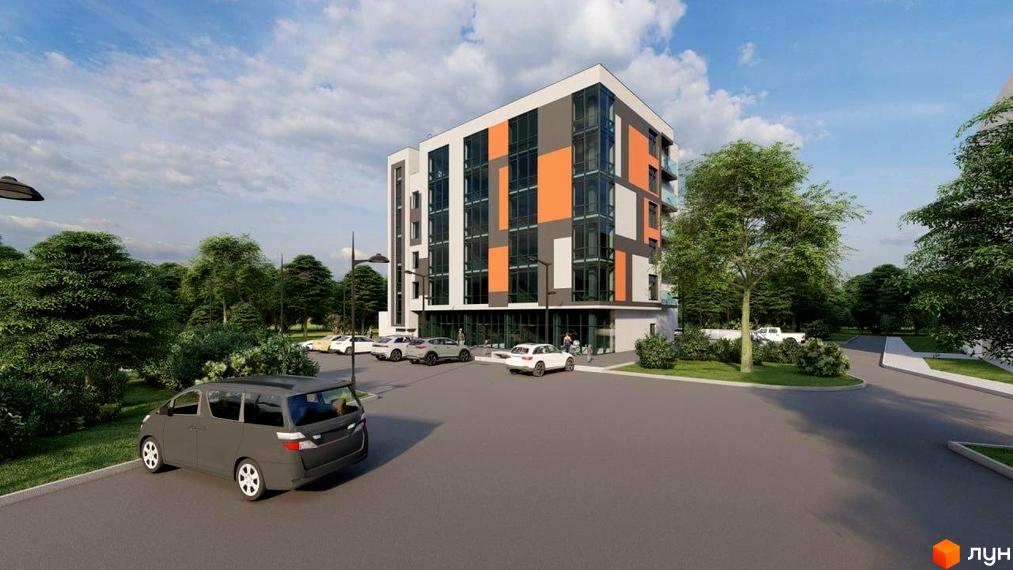 Зовнішній вигляд новобудови ЖК Кришталь з яскравими фасадами та великими вікнами. На прибудинковій території розташовані парковка та зелені насадження.