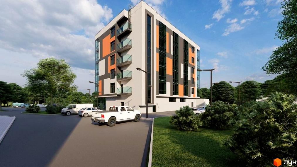 Зовнішній вигляд житлового комплексу Кришталь з балконами та вікнами, прибудинкова територія з деревами та автомобілями.