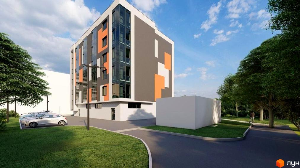 Зовнішній вигляд новобудови ЖК Кришталь з сірими та помаранчевими елементами фасаду, скляними вікнами та прибудинковою територією з деревами та парковкою.