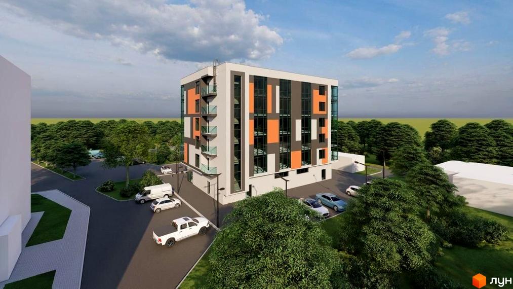 Зовнішній вигляд новобудови ЖК Кришталь з фасадом з сірих та помаранчевих панелей, скляними балконами та прибудинковою територією з парковкою та деревами.