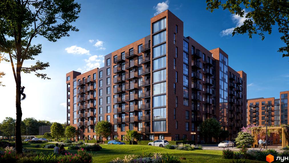 Зовнішній вигляд житлового комплексу Royal Town з цегляним фасадом та балконами, зелена прибудинкова територія з деревами та зонами відпочинку.