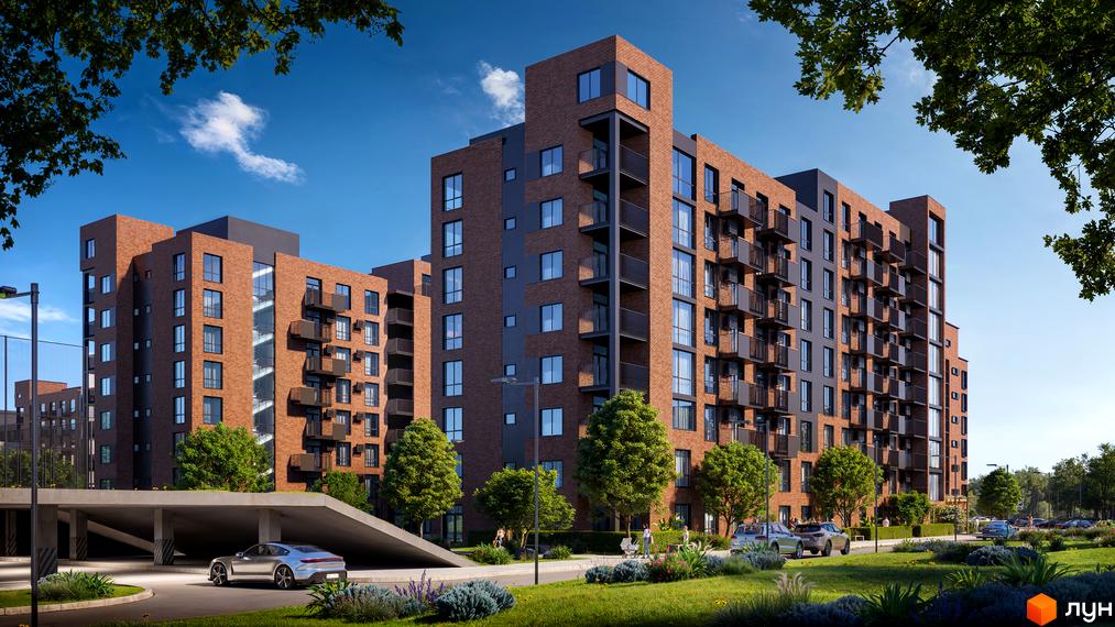Будівельний проєкт Royal Town: цегляні багатоповерхові будинки з балконами та зелена прибудинкова територія з автомобілями та людьми.