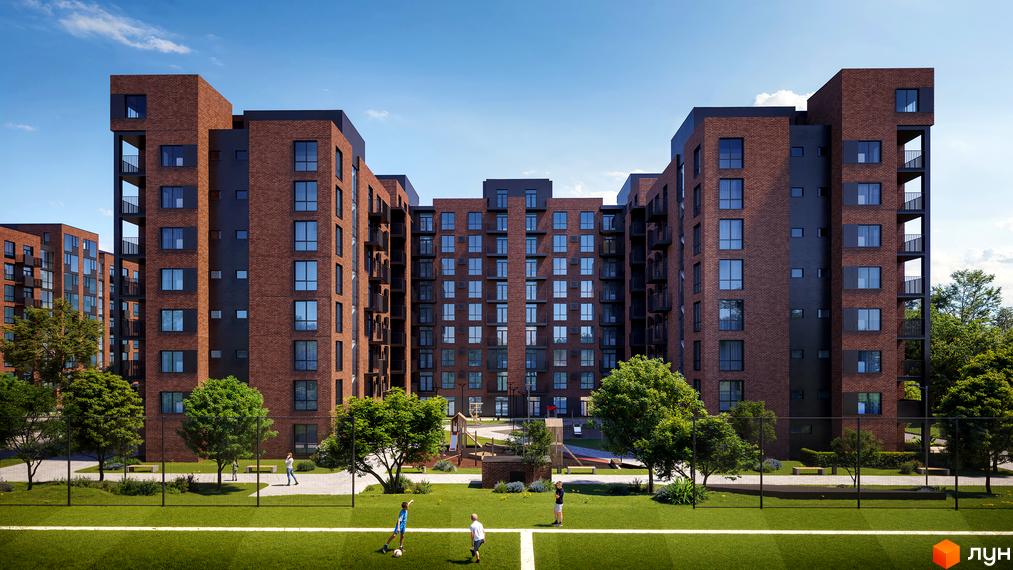 Житловий комплекс Royal Town з цегляним фасадом та великою кількістю вікон, з дитячим майданчиком та зеленим газоном на прибудинковій території.