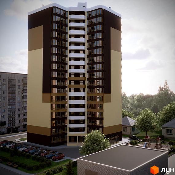 Високоповерховий житловий комплекс на вул. Смілянська, 48, 50, 54 з парковкою та дитячим майданчиком. Зовнішній вигляд будівлі та прибудинкова територія.