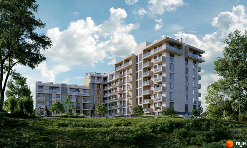 Житловий комплекс AUROOM LOUNGE з балконами та панорамними вікнами, оточений зеленою прибудинковою територією.