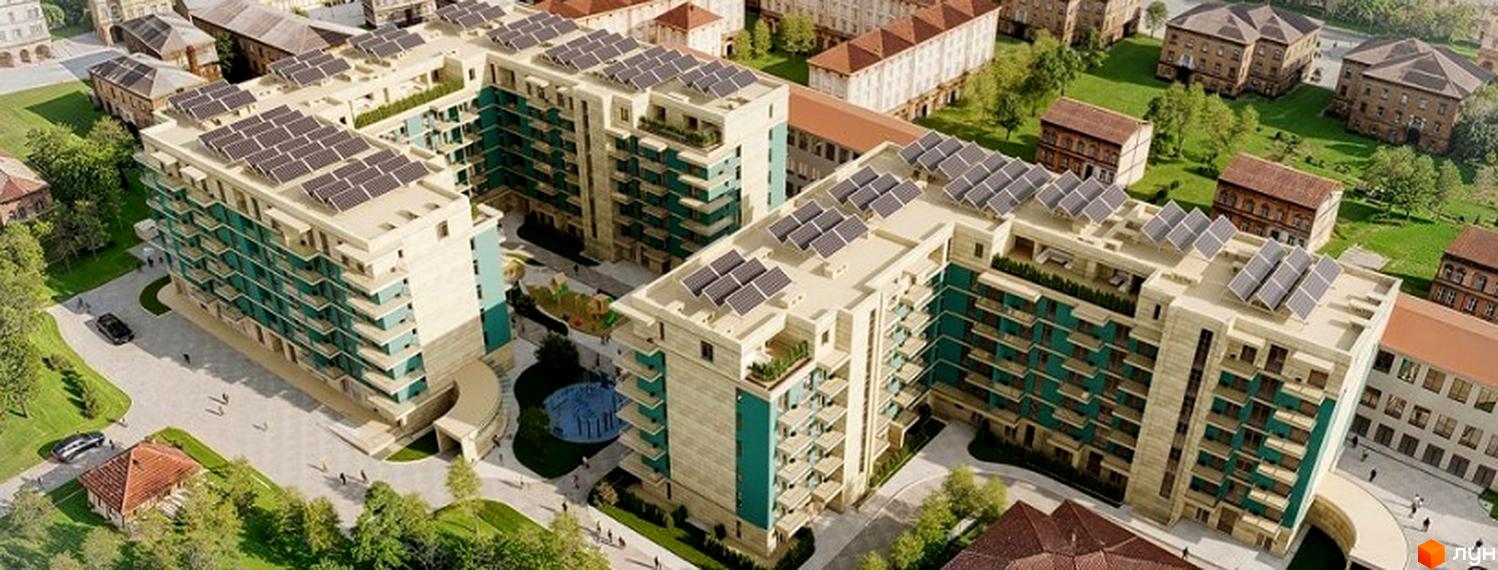 Житловий комплекс 44 Avenue з фасадами бірюзового кольору та сонячними панелями на даху. На прибудинковій території розташовані зелені зони та дитячий майданчик.