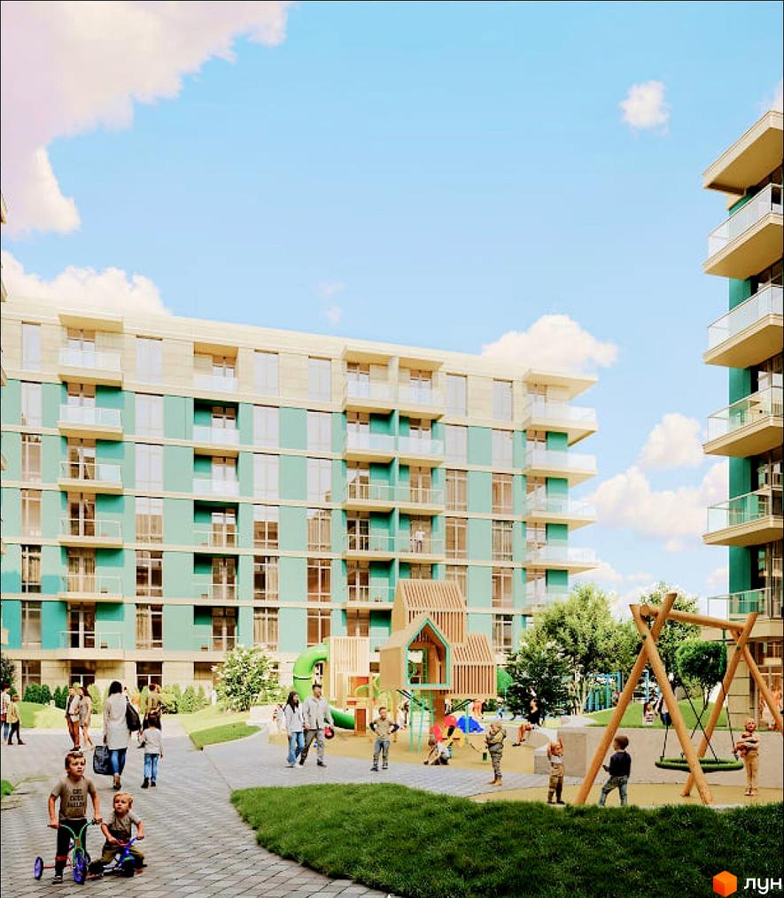 Житловий комплекс 44 Avenue з бірюзовими фасадами та балконами, дитячим майданчиком та зонами відпочинку. Сучасний житловий комплекс для комфортного життя.