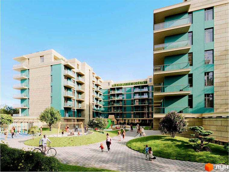 Житловий комплекс 44 Avenue з бірюзовими фасадами та численними балконами, з дитячим майданчиком та зонами відпочинку на прибудинковій території.